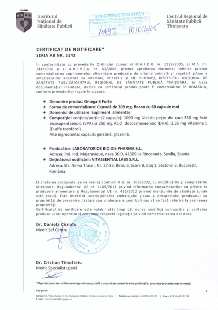 Certificat de notificare Vitassential Omega 3 Forte