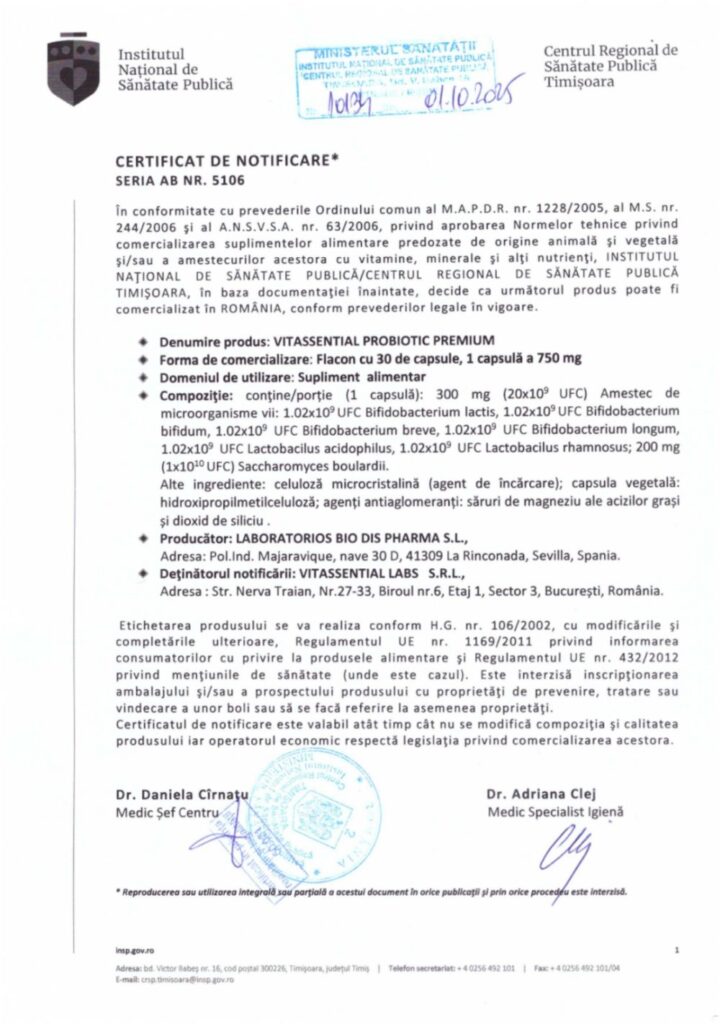 Certificat de notificare Vitassential Probiotic Premium